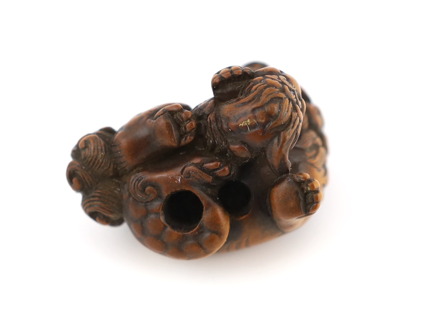 A Japanese carved wood netsuke of a recumbent Shi-Shi, signed Toyomasa?, late 18th century